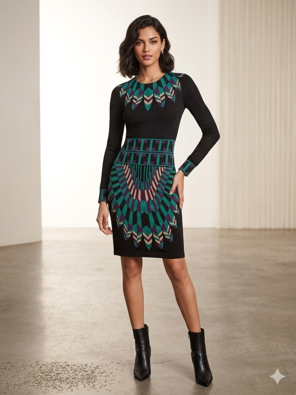 Tory Burch Silk Printed Dress | Geometric Feather Motif | Long Sleeve | Size XS
